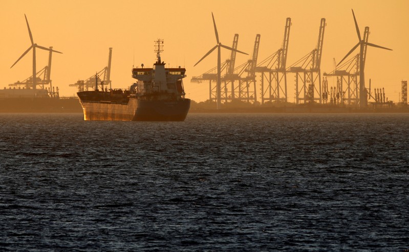 FILE PHOTO: Oil tanker is seen at sunset anchored off the Fos-Lavera oil hub near Marseille