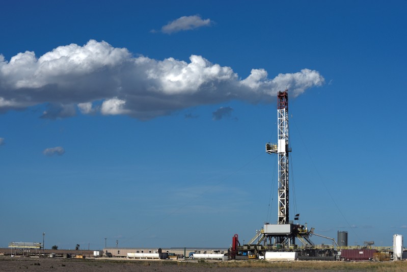 A horizontal drilling rig on a lease owned by Parsley Energy operates in the Permian Basin near Midland