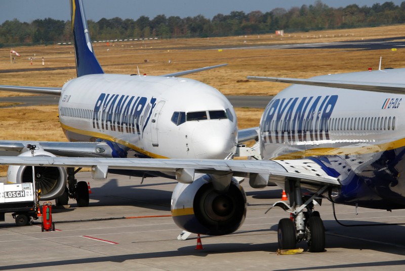 Aircrafts of low-cost airliner Ryanair are parked at the tarmac of Weeze airport near the German-Dutch border during a wider European strike of Ryanair airline crews