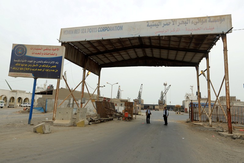 FILE PHOTO: View of the gate of the Red Sea port of Hodeidah, Yemen