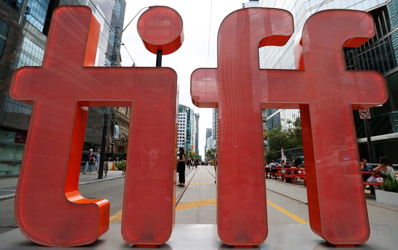 A sign sits in the street ahead of the Toronto International Film Festival (TIFF), in Toronto,