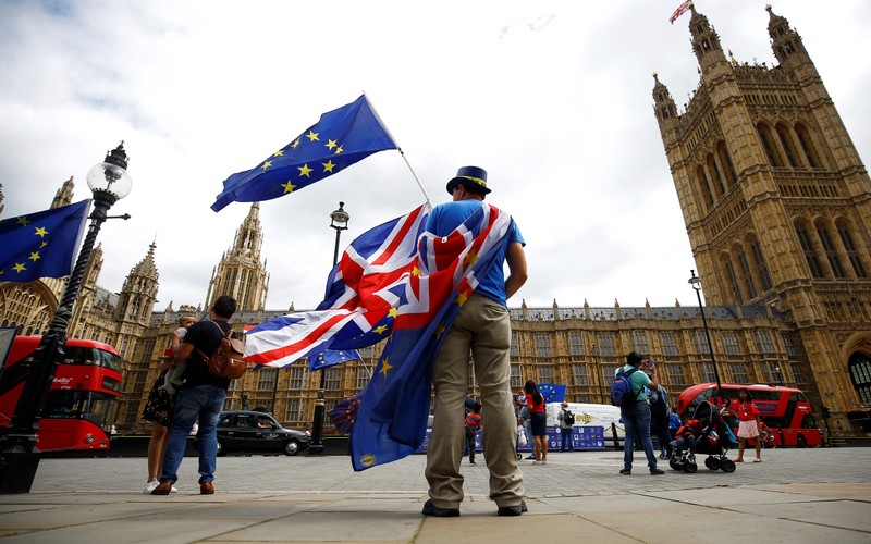 Anti-Brexit demonstrators wave EU and Union flags opposite the Houses of Parliament, in London