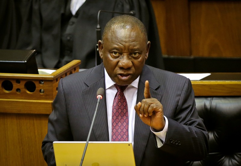 FILE PHOTO: South African President Cyril Ramaphosa speaks in parliament in Cape Town