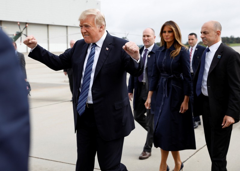 U.S. President Donald Trump gestures after arriving at John Murtha Johnstown-Cambria County Airport in Johnstown, Pennsylvania