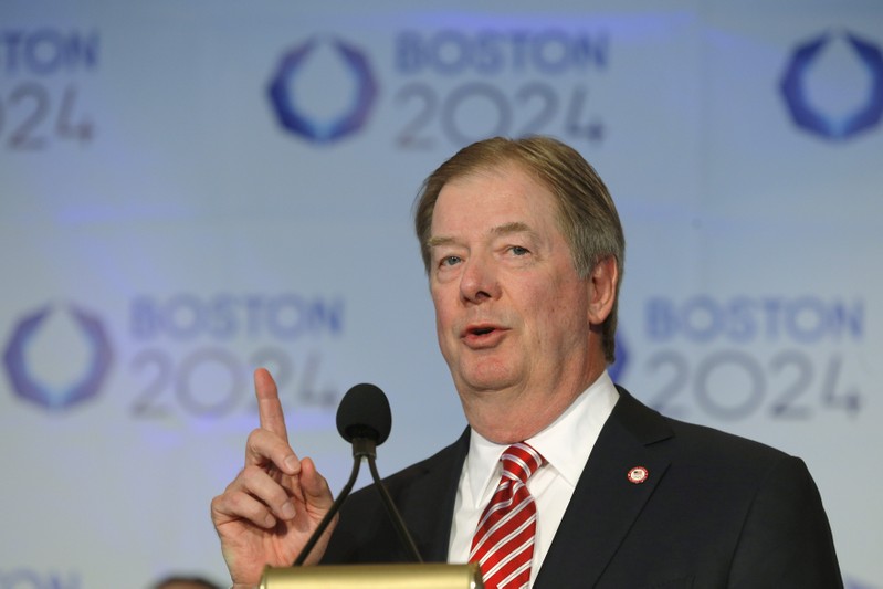 U.S. Olympic Committee chairman Larry Probst speaks at a news conference in Boston