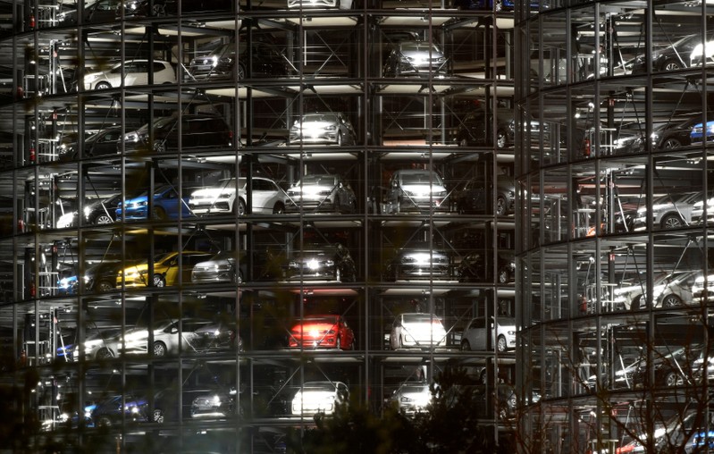 FILE PHOTO: Volkswagen cars are seen in a delivery tower at the Volkswagen plant in Wolfsburg