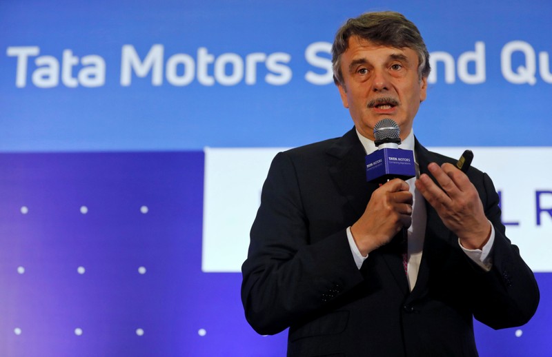 FILE PHOTO - Jaguar Land Rover (JLR) Chief Executive Officer Ralf Speth speaks during a news conference to announce Tata Motors' quarterly results in Mumbai