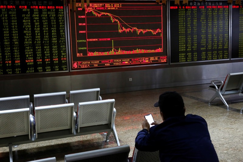 FILE PHOTO: An investor sits in front of displays showing stock information at a brokerage office in Beijing