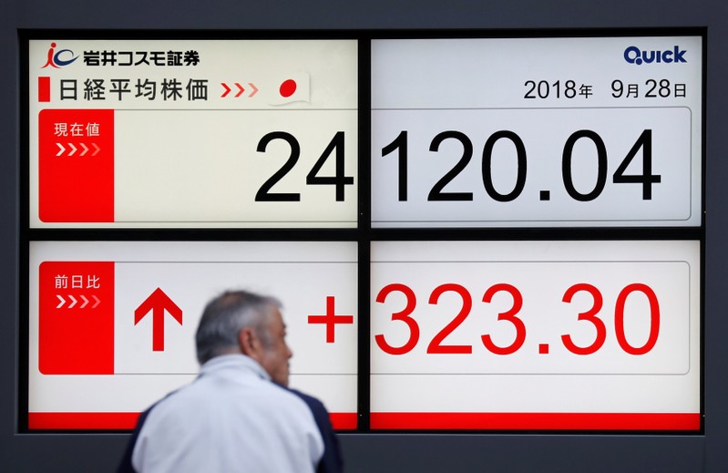 FILE PHOTO: A man stands in front of an electronic board showing Japan's Nikkei average outside a brokerage in Tokyo