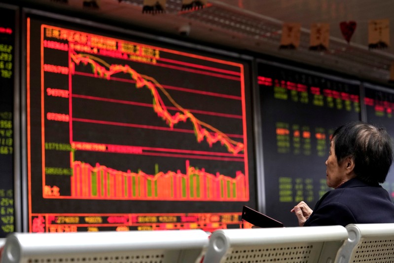 FILE PHOTO: An investor watches a board showing stock information at a brokerage office in Beijing