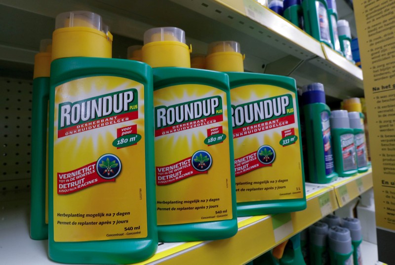 FILE PHOTO: Monsanto's Roundup weedkiller atomizers are displayed for sale at a garden shop near Brussels