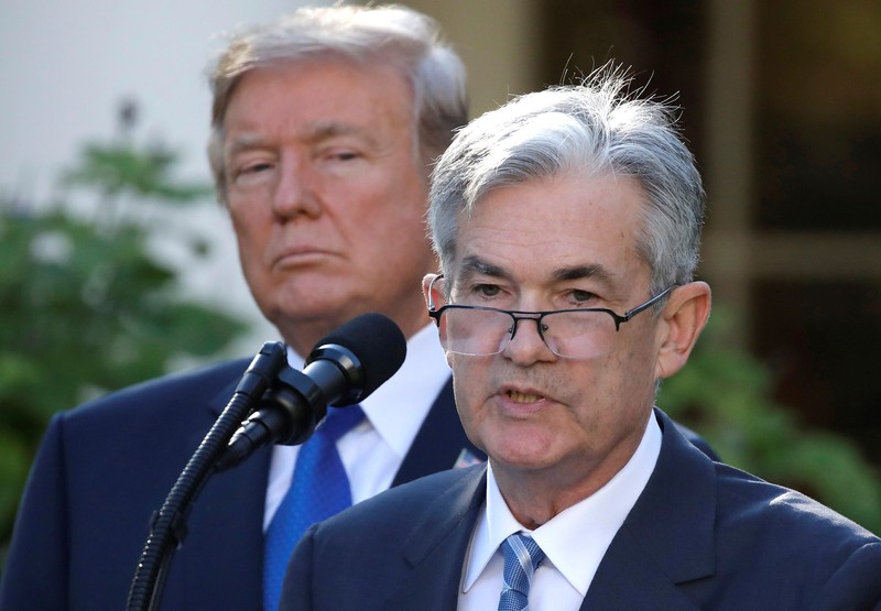 U.S. President Donald Trump looks on as Jerome Powell, his nominee to become chairman of the U.S. Federal Reserve, speaks at the White House in Washington
