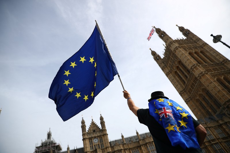 An anti-Brexit demonstrator waves flags outside the Houses of Parliament, in London