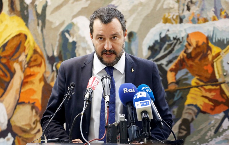 FILE PHOTO: Italy's Interior Minister Matteo Salvini talks at a news conference during his official visit in Tunis