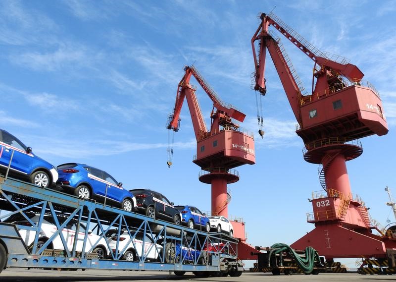 Cars to be exported are seen at a port in Lianyungang
