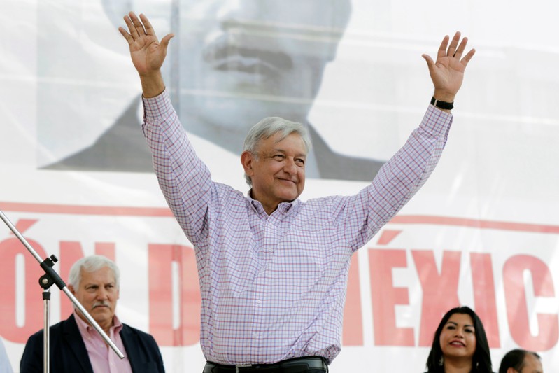 Mexico's President-elect Andres Manuel Lopez Obrador gestures in a rally as part of a tour to thank supporters for his victory in the July 1 election, in Morelia