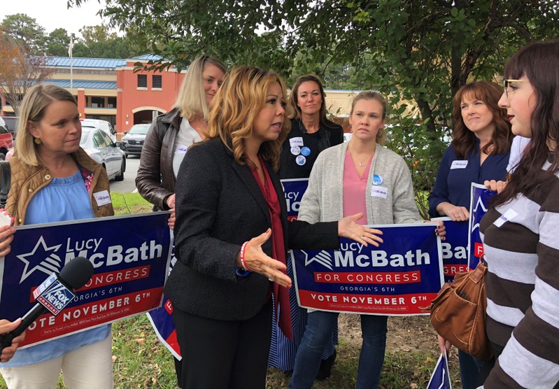 Democratic candidate Lucy McBath running for U.S. Congress in Georgia's sixth district speaks with supporters in Marietta, Georgia