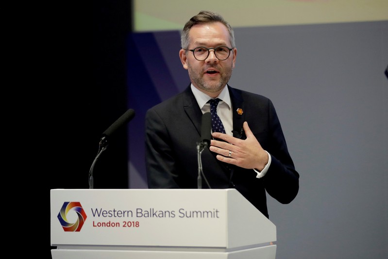 FILE PHOTO: Germany's Minister of State for Europe Michael Roth during his press conference with British Minister of State for Europe and the Americas Alan Duncan and Polish Minister of Foreign Affairs Jacek Czaputowicz at the Western Balkans Summit in Lon
