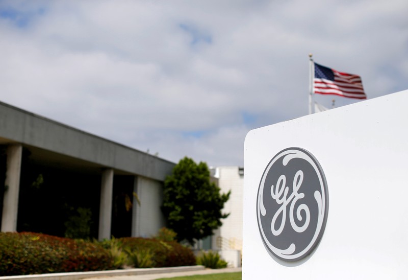 FILE PHOTO: The General Electric logo at their subsidiary company GE Aviation in Santa Ana