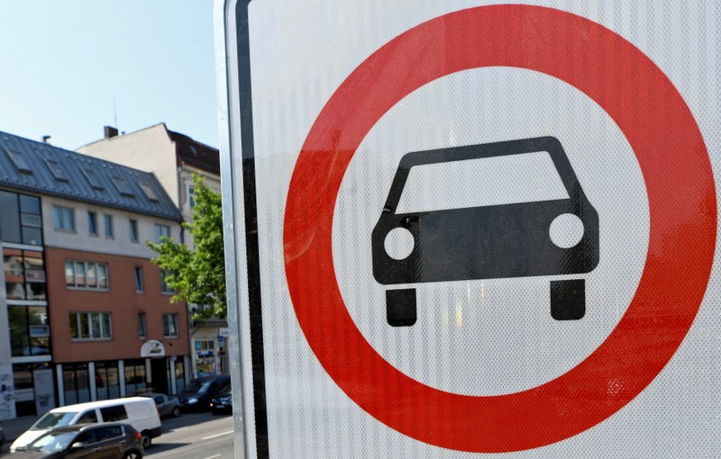 FILE PHOTO: A traffic sign, which ban diesel cars is pictured at the Max-Brauer Allee in downtown Hamburg