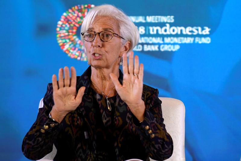 International Monetary Fund (IMF) Managing Director Christine Lagarde gestures as she talks about Women's Empowerment in Workplace at the 2018 International Monetary Fund (IMF) World Bank Group Annual Meeting at Nusa Dua in Bali