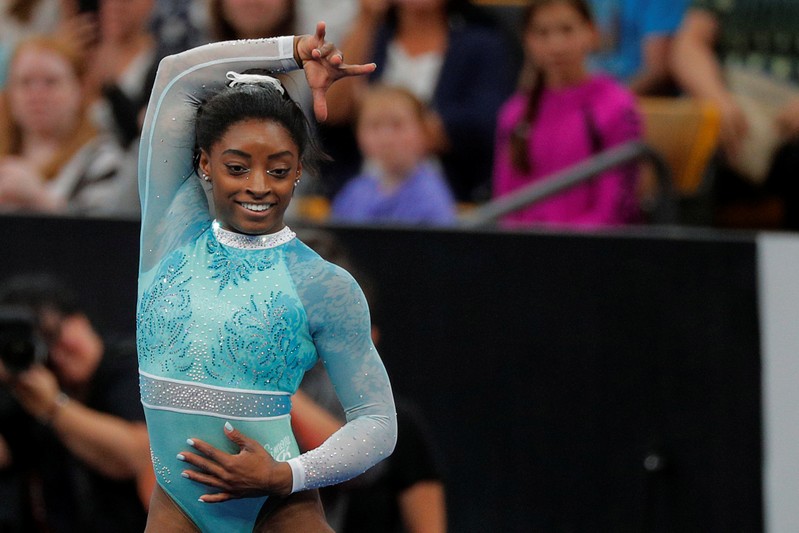 FILE PHOTO - Simone Biles competes on floor exercise at the U.S. Gymnastics Championships in Boston
