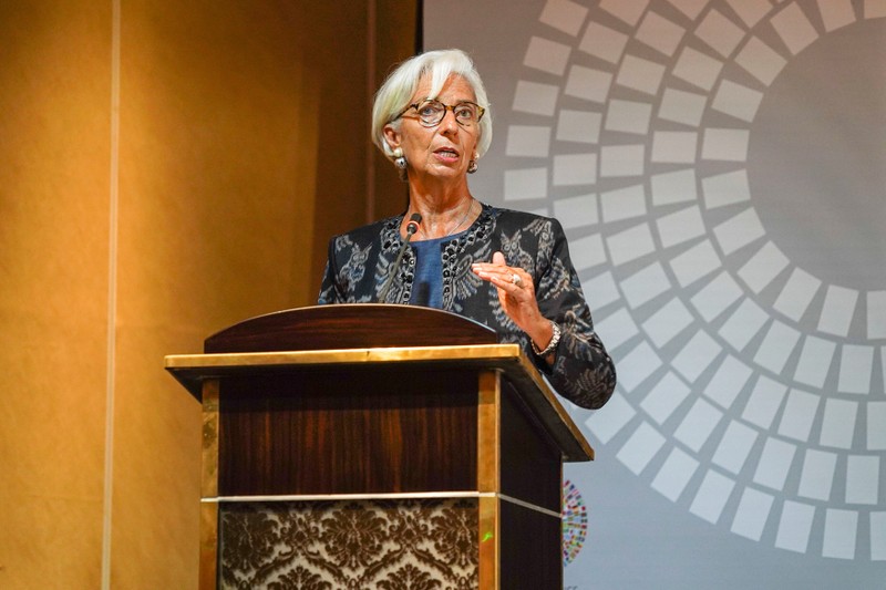 IMF Managing Director Christine Lagarde talks during a trade conference at the 2018 International Monetary Fund (IMF) World Bank Group Annual Meeting at Nusa Dua in Bali Province
