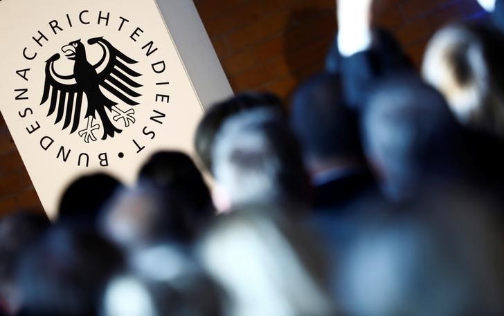 The logo of the German Federal Intelligence Agency (BND) is pictured at the 60th anniversary of the founding of the BND in Berlin