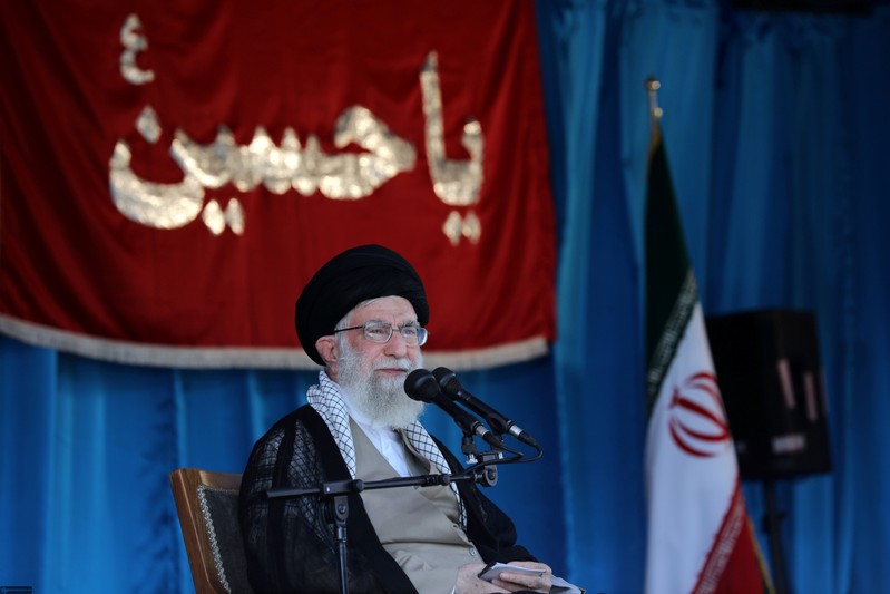 FILE PHOTO: Iranian Supreme Leader Ayatollah Ali Khamenei delivers a speech to thousands of Basij members at Azadi stadium in Tehran