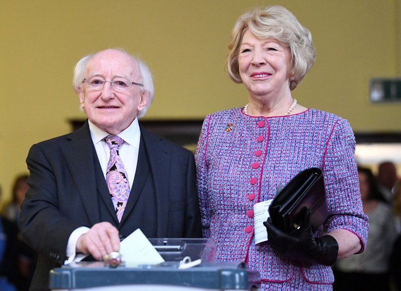 Ireland's President Michael D. Higgins and his wife Sabina cast their votes in the Irish presidential elections and the blasphemy referendum at St Mary's Hospital in Dublin