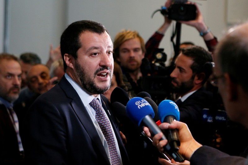 FILE PHOTO: Italian Deputy Prime Minister and Interior Minister Matteo Salvini talks to journalists after a G6 meeting of Interior Ministers, the European Commissioner for Security and the European Commissioner for Migration near Lyon, France
