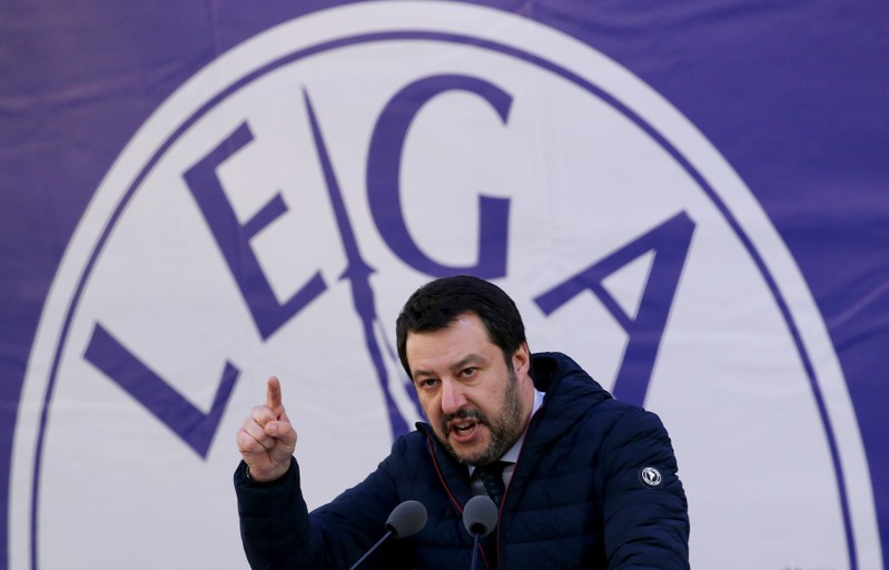 Italian Northern League leader Matteo Salvini speaks during a political rally in Milan