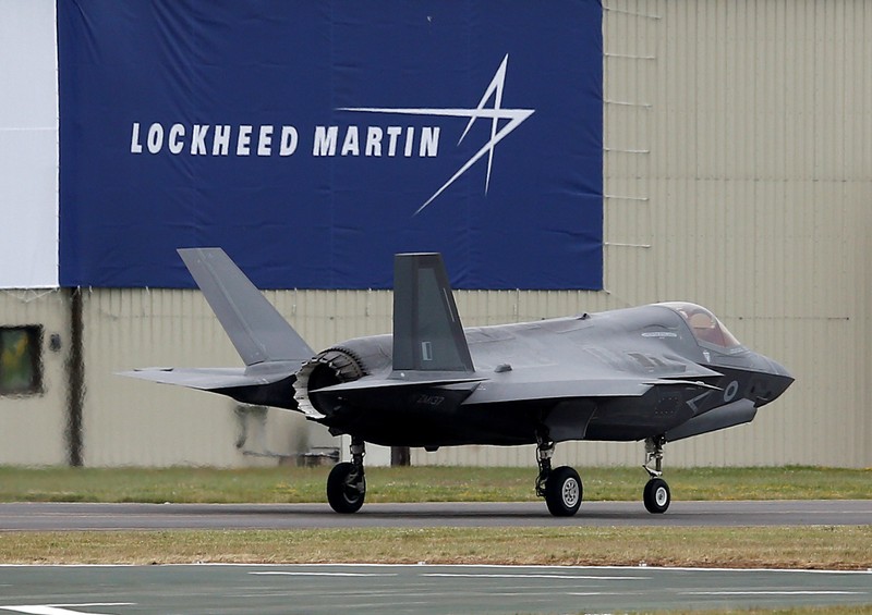A RAF Lockheed Martin F-35B fighter jet taxis along a runway after landing at the Royal International Air Tattoo at Fairford