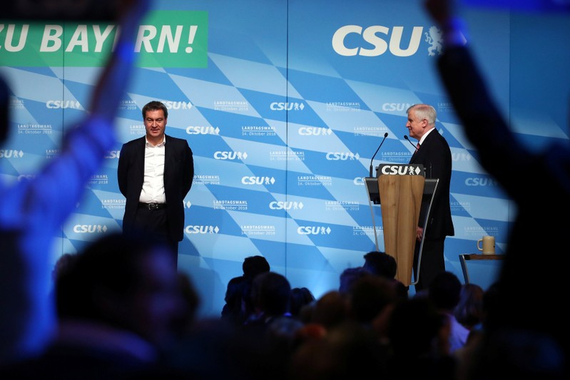 Leader of the CSU Seehofer and Bavarian State Prime Minister Soeder appear on stage during a CSU election campaign rally in Munich