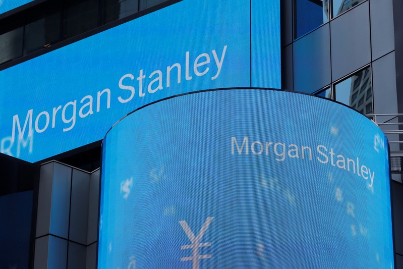 A sign is displayed on the Morgan Stanley building in New York