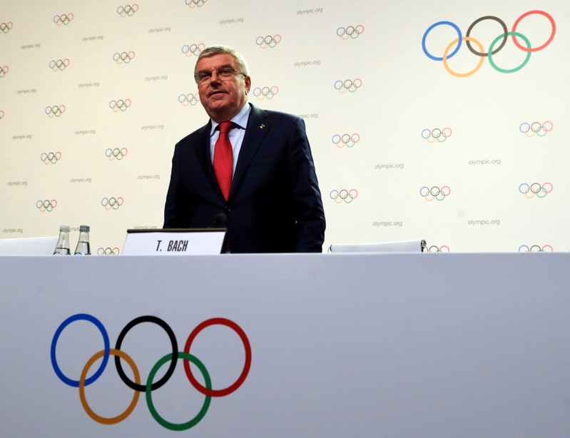 Bach, President of the IOC, arrives for a news conference during the meeting of the IOC Executive Board in Buenos Aires