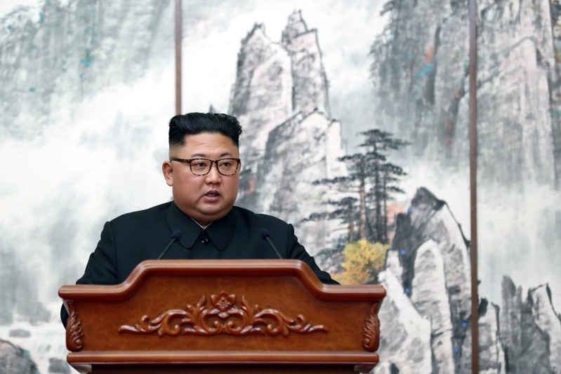 FILE PHOTO: North Korean leader Kim Jong Un speaks during joint news conference in Pyongyang