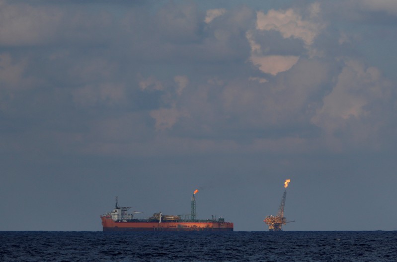 The Libyan floating storage and production tanker Farwah and an oil platform are seen in the Al Jurf Oilfield off the coast of Libya