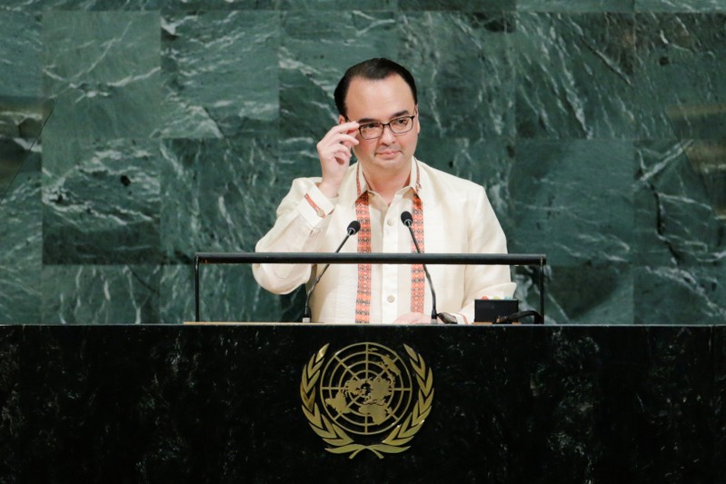 FILE PHOTO: Philippine Foreign Affairs Secretary Cayetano addresses the 72nd United Nations General Assembly at U.N. headquarters in New York
