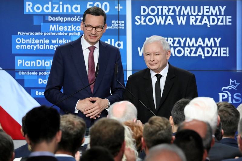 Polish Prime Minister Morawiecki and Kaczynski react after the exit poll with results of the Polish regional elections are announced in Warsaw