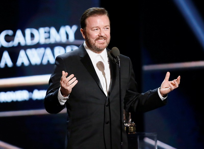 Comedian Ricky Gervais accepts the Charlie Chaplin Britannia Award for Excellence in Comedy at the BAFTA Los Angeles' Britannia Awards in Beverly Hills