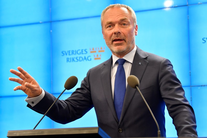 FILE PHOTO: Swedish Liberal Party leader Jan Bjorklund gives a news conference after meeting with the Speaker of Parliament in Stockholm