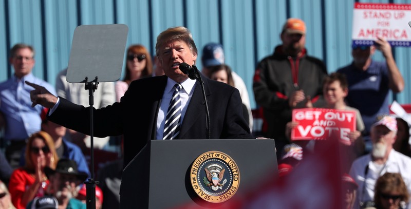 President Donald Trump speaks during a campaign rally at Elko Regional Airport in Elko Nevada