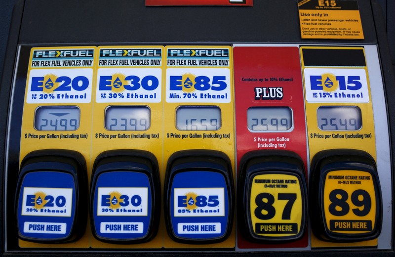 FILE PHOTO: A gas pump displays the price for E15, a gasoline with 15 percent of ethanol, and various other ethanol blends at a gas station in Nevada