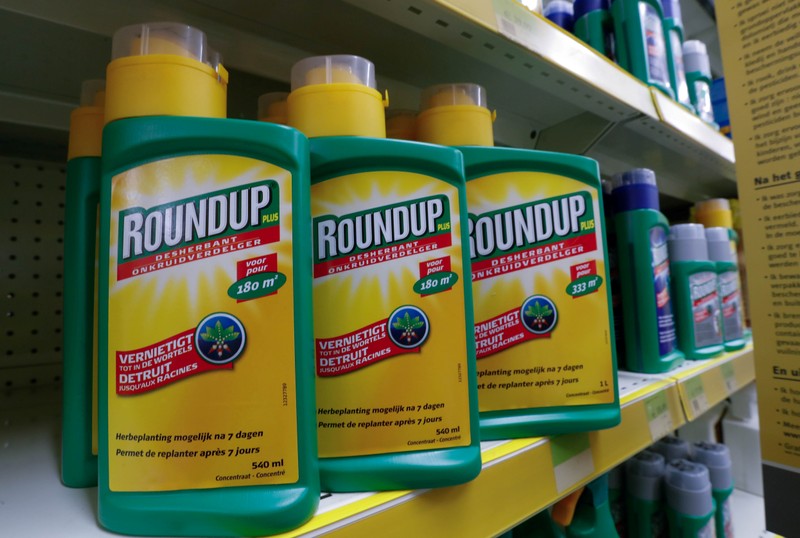 Monsanto's Roundup weedkiller atomizers are displayed for sale at a garden shop near Brussels