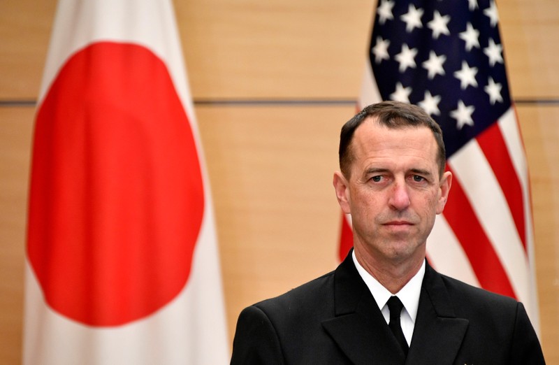 Admiral John Richardson, Chief of U.S. Naval Operations, waits for Japan's Prime Minister Shinzo Abe before their meeting at the Prime Minister's official residence in Tokyo