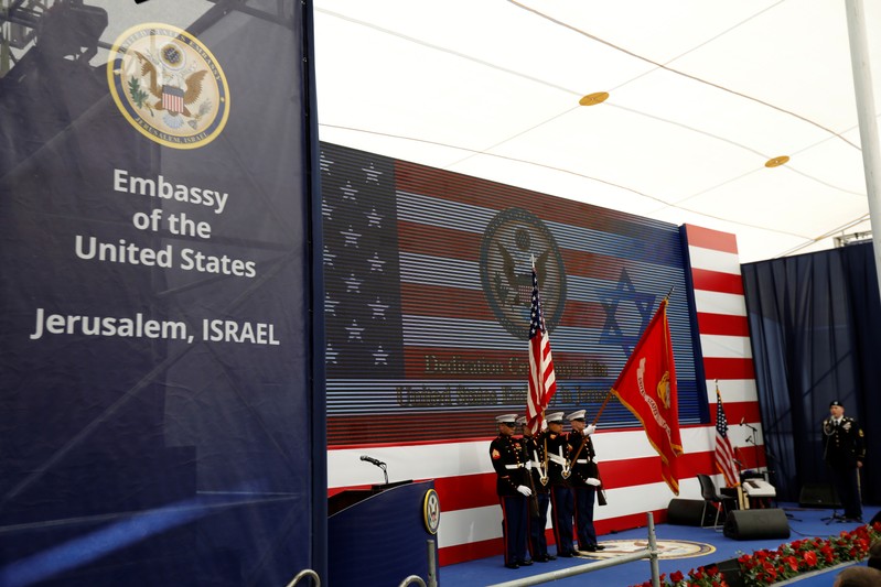 U.S. marines take part in the dedication ceremony of the new U.S. embassy in Jerusalem