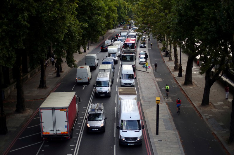 FILE PHOTO: Cars sit in a traffic jam along the Embankment in central London
