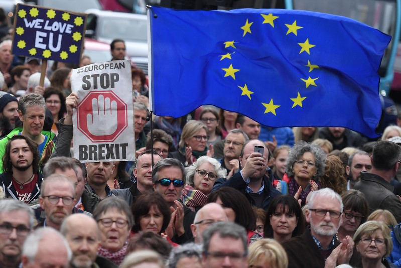 Protesters participate in an anti-Brexit demonstration at City Hall in central Belfast