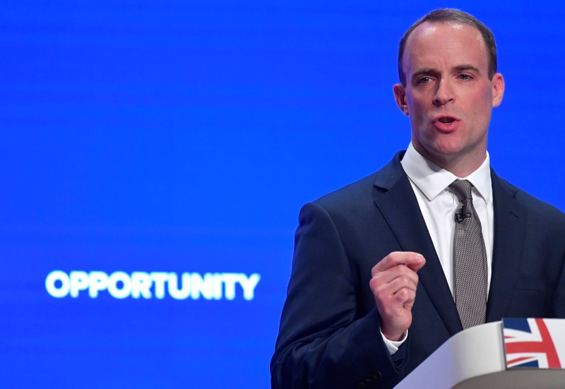 Britain's Secretary of State for Exiting the European Union Dominic Raab delivers his keynote address to the Conservative Party Conference in Birmingham